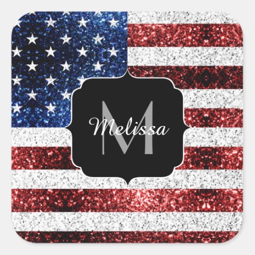 USA flag red white blue sparkles glitters Monogram Square Sticker