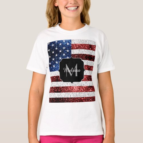 USA flag red white blue sparkles glitters Monogram T_Shirt