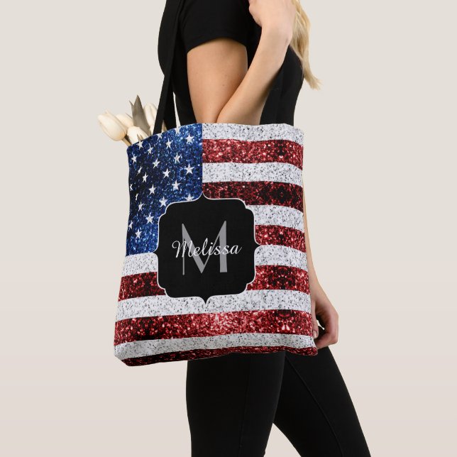 USA flag red white blue sparkles glitters Monogram Tote Bag (Close Up)
