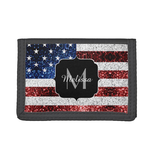 USA flag red white blue sparkles glitters Monogram Trifold Wallet (Front)