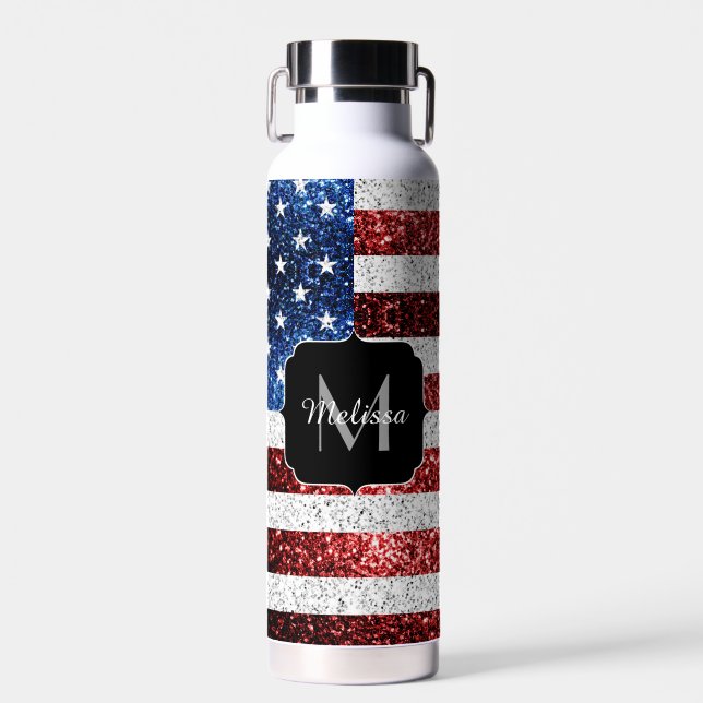 USA flag red white blue sparkles glitters Monogram Water Bottle (Front)