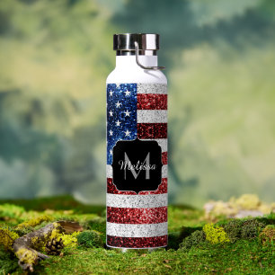 USA flag red white blue sparkles glitters Monogram Water Bottle
