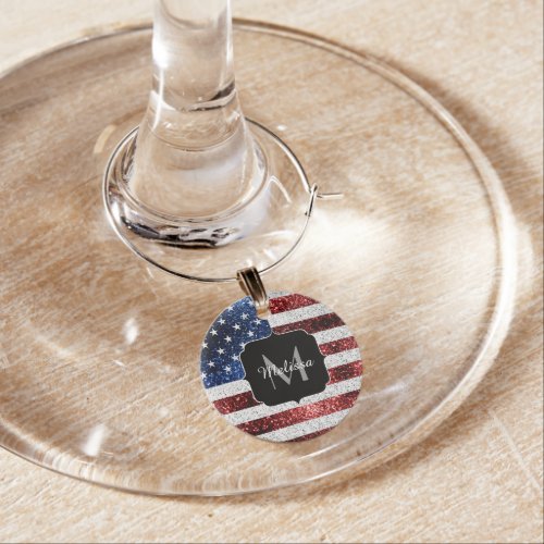 USA flag red white blue sparkles glitters Monogram Wine Charm