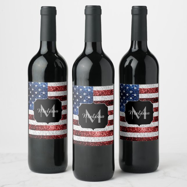 USA flag red white blue sparkles glitters Monogram Wine Label (Bottles)