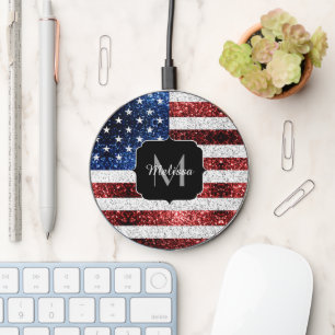 USA flag red white blue sparkles glitters Monogram Wireless Charger