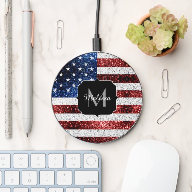 USA flag red white blue sparkles glitters Monogram Wireless Charger (Desk)