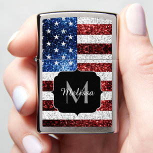 USA flag red white blue sparkles glitters Monogram Zippo Lighter