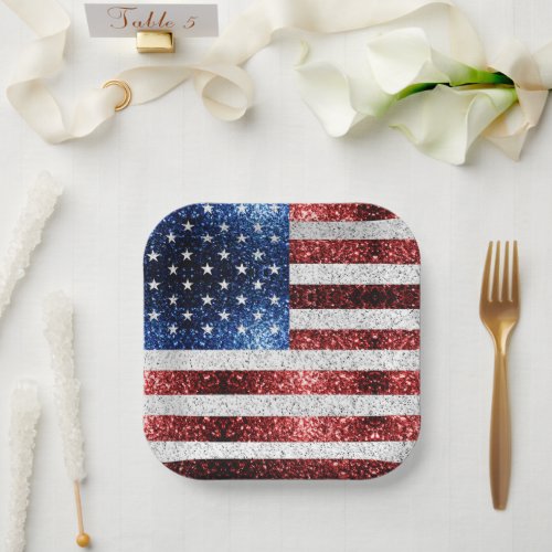 USA flag red white blue sparkles glitters Paper Plates