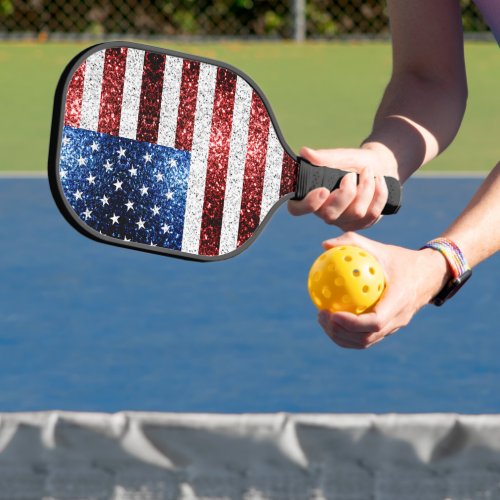 USA flag red white blue sparkles glitters Pickleball Paddle