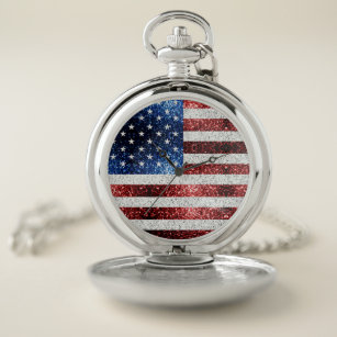 USA flag red white blue sparkles glitters Pocket Watch