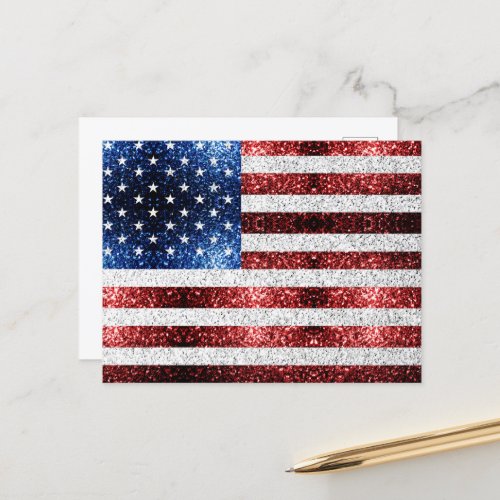 USA flag red white blue sparkles glitters Postcard