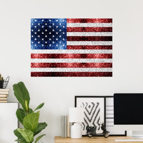 USA flag red white blue sparkles glitters Poster