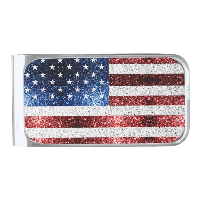 USA flag red white blue sparkles glitters Silver Finish Money Clip (Front)