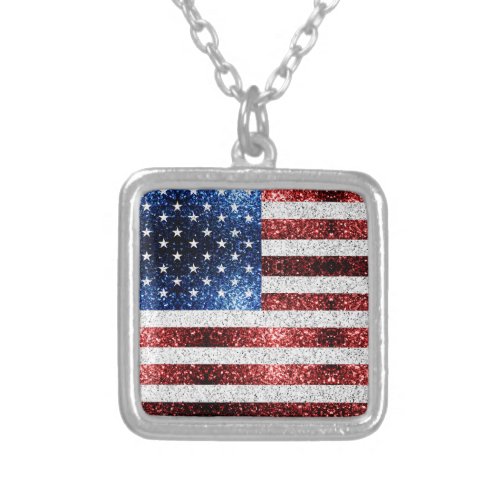 USA flag red white blue sparkles glitters Silver Plated Necklace