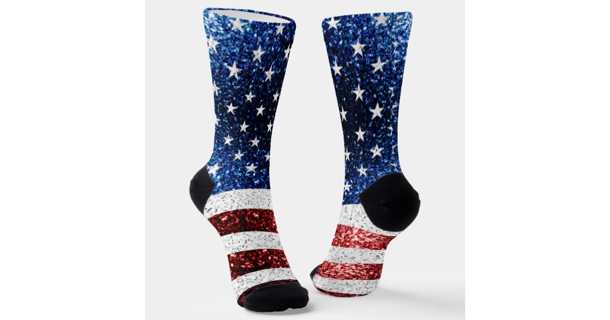 USA flag red white blue sparkles glitters Monogram Socks