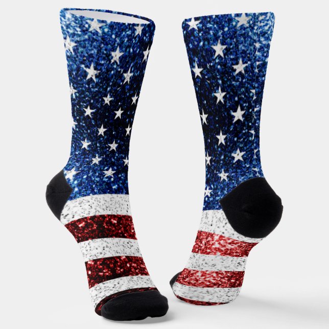 USA flag red white blue sparkles glitters Socks (Angled)