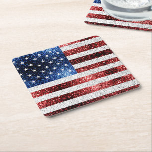 USA flag red white blue sparkles glitters Square Paper Coaster