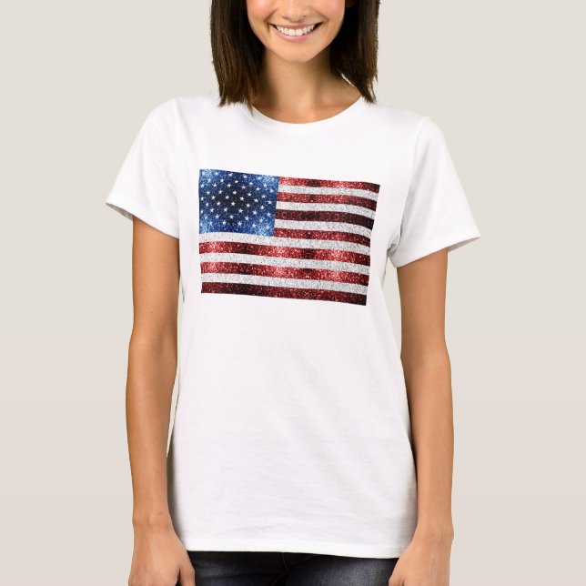 USA flag red white blue sparkles glitters T-Shirt (Front)