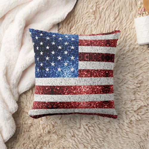USA flag red white blue sparkles glitters Throw Pillow