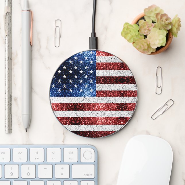 USA flag red white blue sparkles glitters Wireless Charger (Desk)
