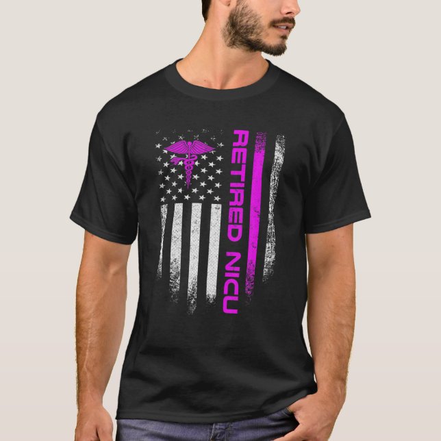 USA Flag Retired NICU Nurse Neonatal Intensive Car T-Shirt (Front)