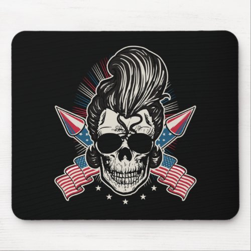 USA Flag Rock n Roll Rockabilly Skull 4th Of July Mouse Pad