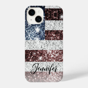 USA flag rustic America faux sparkles Your name iPhone 14 Case