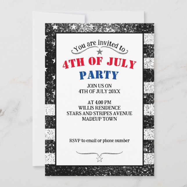 USA flag Rustic Black White Gray Sparkles 4th July Invitation (Front)