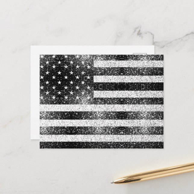 USA flag Rustic Black White Gray Sparkles 4th July Postcard (Front/Back In Situ)