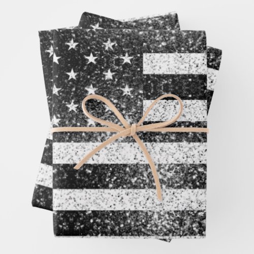 USA flag Rustic Black White Gray Sparkles Wrapping Paper Sheets