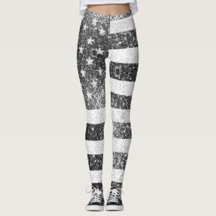 USA flag Rustic black white Sparkle bling 4th July Leggings