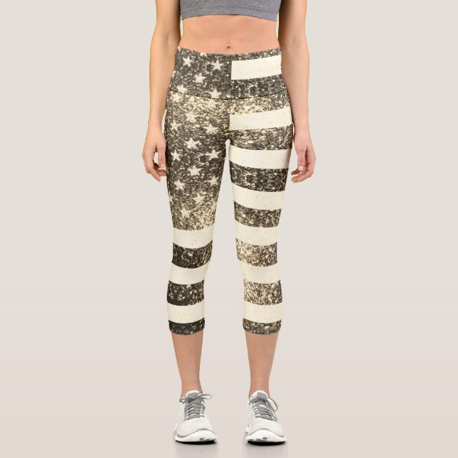 USA flag Rustic gold sepia Sparkles Capri Leggings (Front)