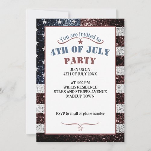 USA flag rustic red white blue sparkles 4th July Invitation