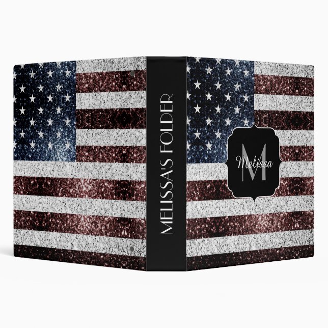 USA flag rustic red white blue sparkles Monogram 3 Ring Binder (Background)