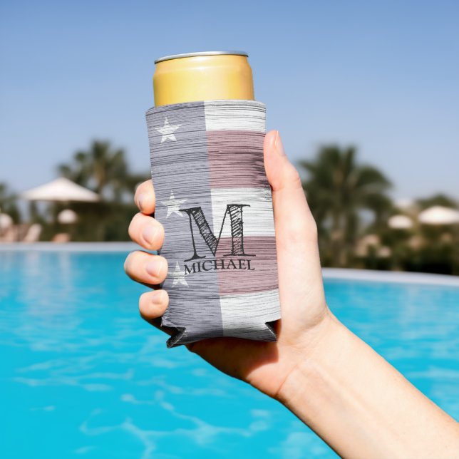 USA flag Rustic Red White Blue Wood Monogram Seltzer Can Cooler (In Situ Pool)
