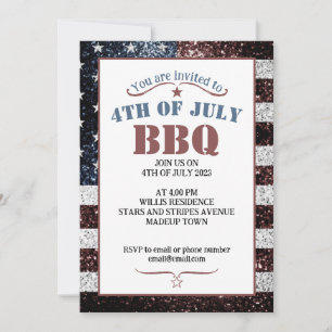 USA flag rustic sparkles 4th July BBQ party Invitation