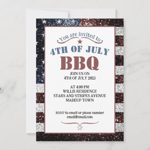 USA flag rustic sparkles 4th July BBQ party Invitation