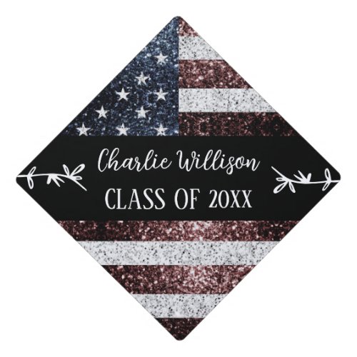 USA flag rustic sparkles Custom name Class Graduation Cap Topper