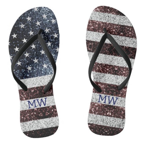 USA flag rustic sparkles glitters Monogram Flip Flops