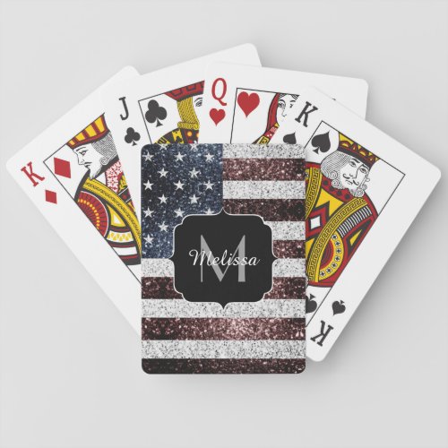 USA flag rustic sparkles glitters Monogram Poker Cards