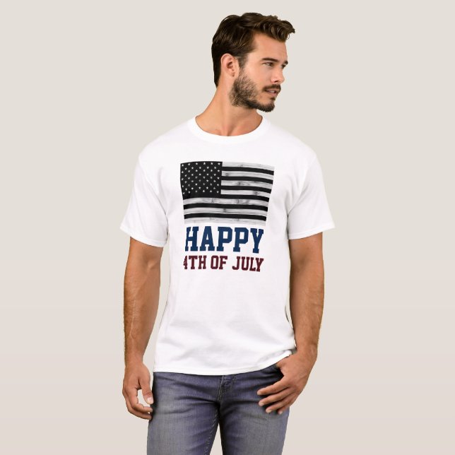 USA flag Rustic Wood Black White America 4th July T-Shirt (Front Full)