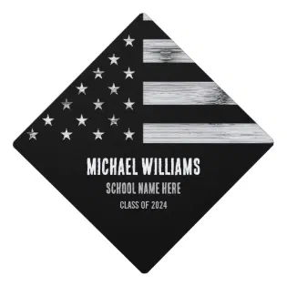 USA flag Rustic Wood Black White Custom name Graduation Cap Topper