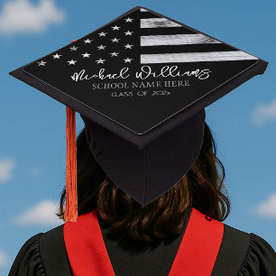 USA flag Rustic Wood Black White Custom name Graduation Cap Topper