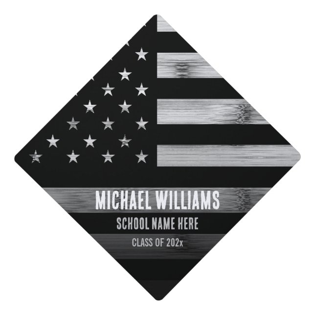 USA flag Rustic Wood Black White Custom name Graduation Cap Topper (Front)