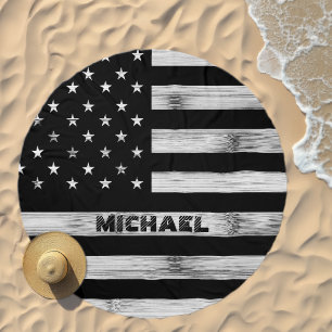 USA flag Rustic Wood Black White Monogram Beach Towel