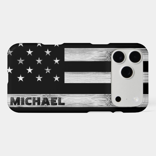 USA flag Rustic Wood Black White Monogram iPhone Case (Back Horizontal)