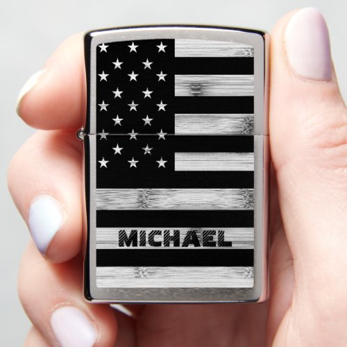 USA flag Rustic Wood Black White Monogram Zippo Lighter