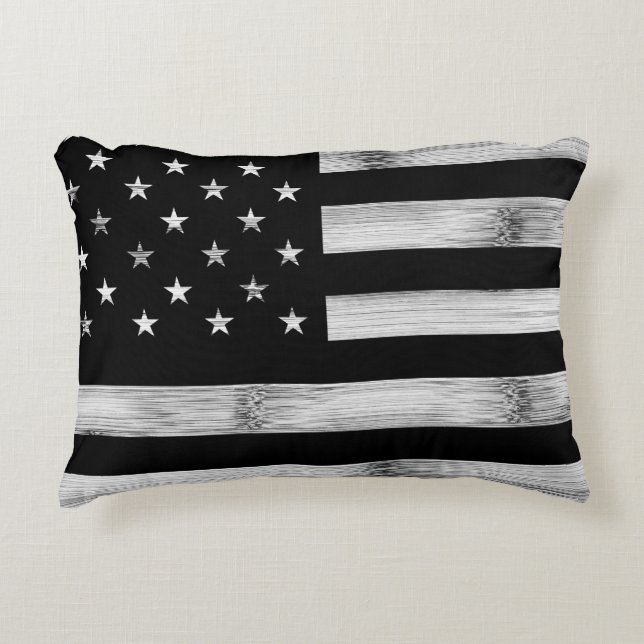 USA flag Rustic Wood Black White Patriotic America Accent Pillow (Front)