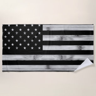 USA flag Rustic Wood Black White Patriotic America Beach Towel