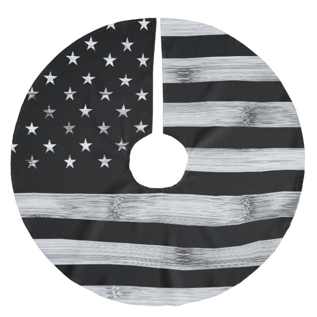 USA flag Rustic Wood Black White Patriotic America Brushed Polyester Tree Skirt (Front)